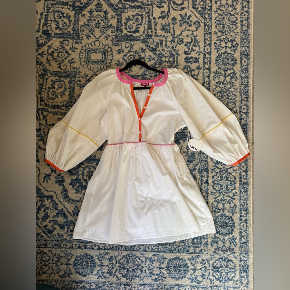 STAUD Mini Demi Dress – White with Colorblock Trim, Size M (NWT)